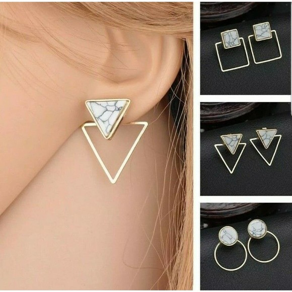 Gold Earrings Geometric Marble Pattern - Picture 4 of 6